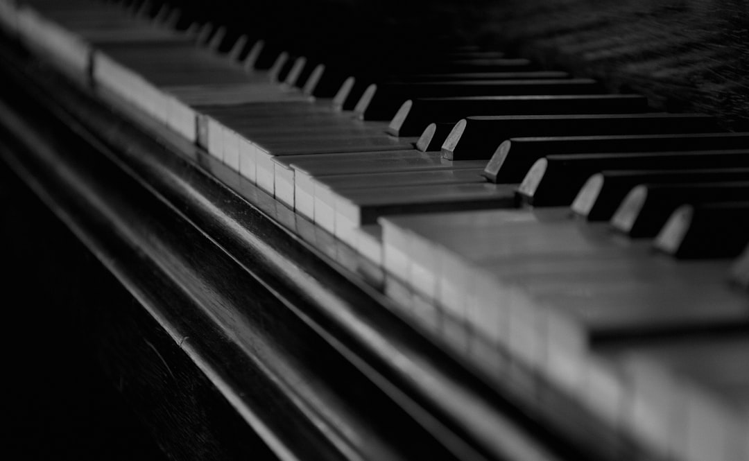 a close up of a piano keyboard with a blurry background
